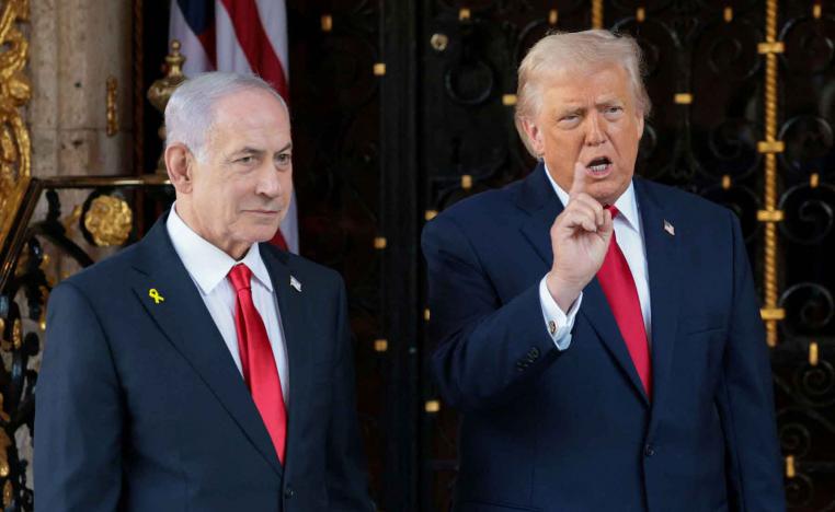 US President Donald Trump speaks to the media next to Israeli Prime Minister Benjamin Netanyahu upon arrival for meetings at Trumps Mar-a-Lago club in Palm Beach, Florida, December 29, 2025. 