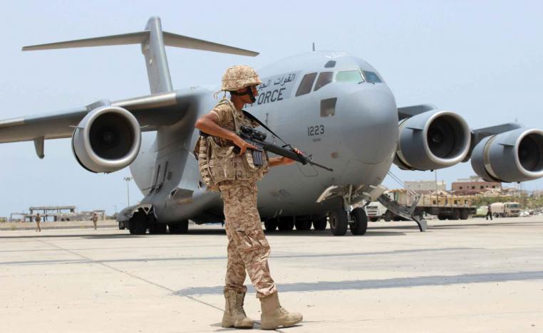 A 2015 file picture shows a soldier from the United Arab Emirates standing guard next to a UAE military plane at the airport of Yemen’s southern port city of Aden. 
