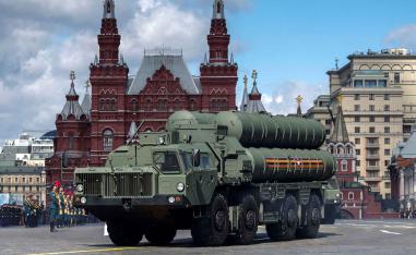 A Russian S-400 air defence system unit drives along Red Square in central Moscow, May 5, 2024. 