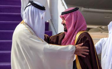 Saudi Crown Prince Mohammed bin Salman greets visiting Qatar’s Emir Sheikh Tamim bin Hamad Al Thani in Riyadh, December 08, 2025. 