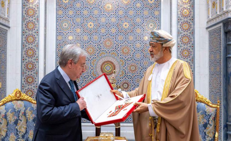 Sultan Haitham bin Tarik awards the Oman Civil Order (First Class) to United Nations Secretary-General Antonio Guterres in Muscat, December 15, 2025.