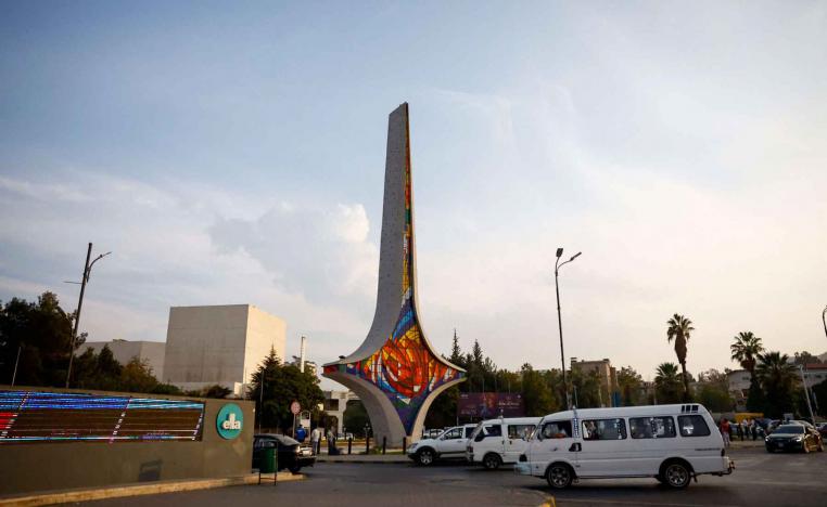 A view of the Damascene Sword Monument at Umayyad Square in Damascus.