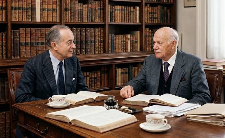 صورة متخيلة بالذكاء الاصطناعي لإحسان عباس وإريك أورباخ يجلسان معا