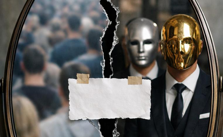 صورة لمرآة تعكس وجهين؛ جهة تمثل "القطيع بلا وعي" (تجمعات بشرية ضبابية أو بلا ملامح)، والجهة الأخرى تعكس "النخبة بلا ضمير"