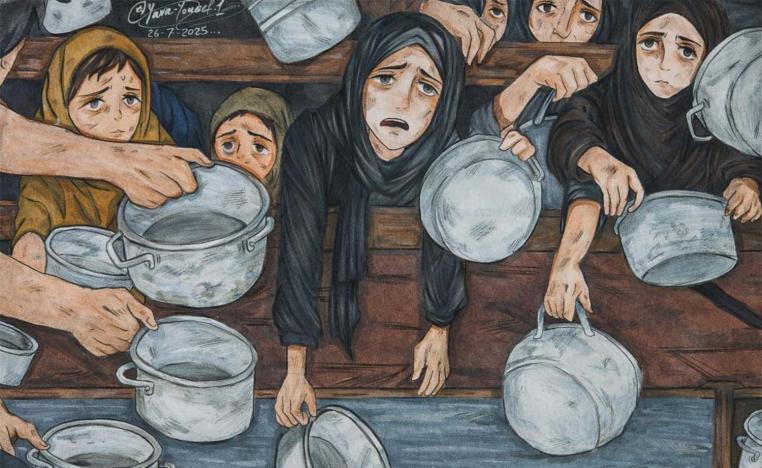 "Begging For Food" by 16-year-old Yara, powerfully depicts the theme of starvation in Gaza