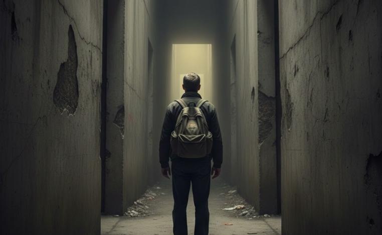 شخص يقف في ممر ضيف مع حقيبة نجاة