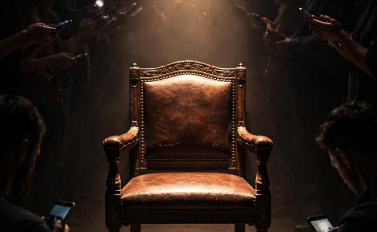 صورة تجريدية لكرسي خشبي عتيق (كرسي الناقد الأكاديمي) فارغ تحت ضوء مسلط، بينما يزدحم المشهد حوله بظلال لأشخاص يحملون هواتفهم ويكتبون، مما يجسد فكرة تراجع السلطة المركزية للناقد التقليدي