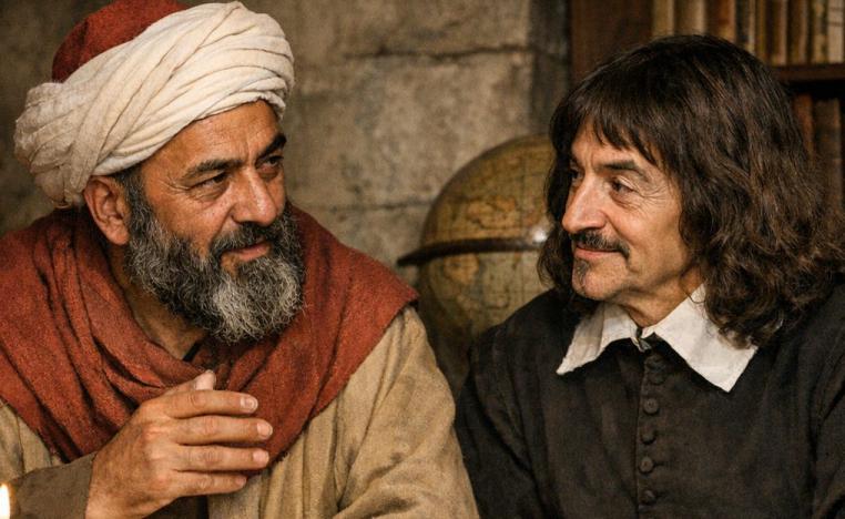 صورة متخلية بالذكاء الاصطناعي للامام أبوحامد الغَزَالي مع ديكارت