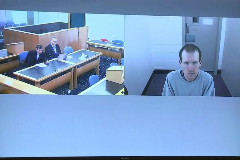 Brenton Harrison Tarrant, right, and lawyers in a screen via video link in Christchurch, New Zealand