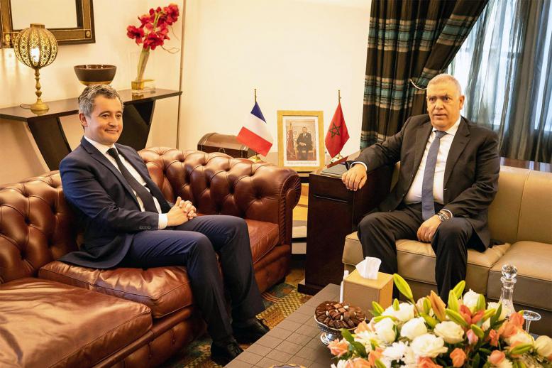 Morocco's Interior Minister Abdelouai Laftit (R) receives his French counterpart Gerald Darmanin in Rabat 