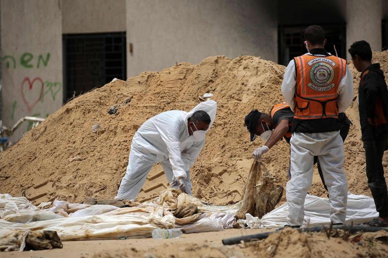 A mass grave found in the Nasser Medical Complex in the southern Gaza Strip