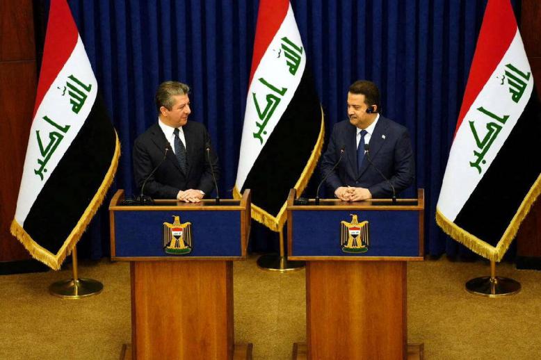 رئيس الحكومة العراقية محمد شياع السوداني في مؤتمر صحفي مع رئيس حكومة كردستان مسرور بارزاني