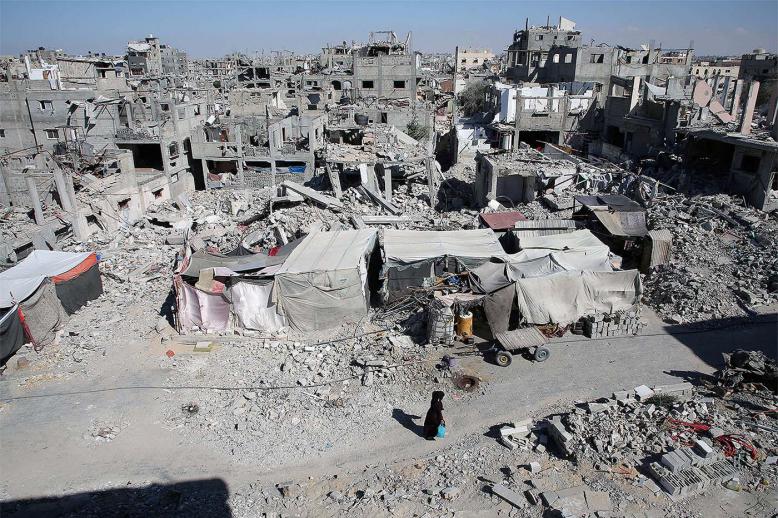 The rubble of houses destroyed by Israeli strikes in Khan Younis in the southern Gaza Strip