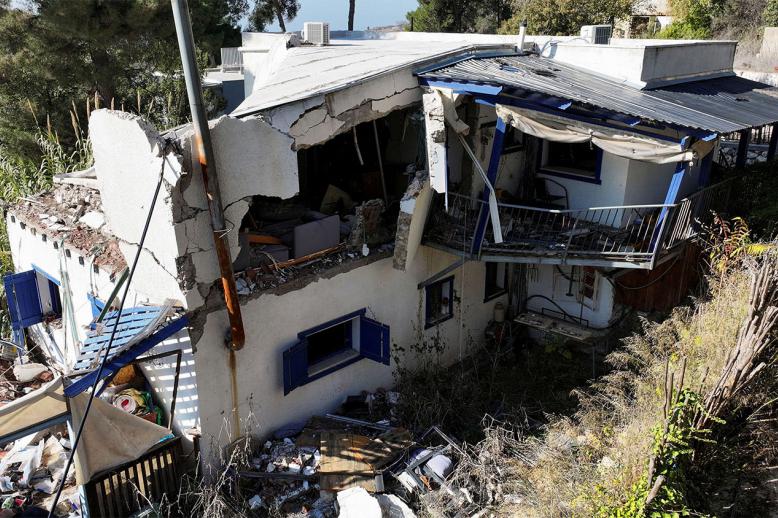 A damaged building in Manara, near the Israel-Lebanon border,