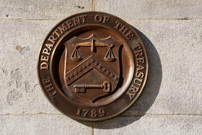 A bronze seal for the Department of the Treasury is shown at the US Treasury building in Washington