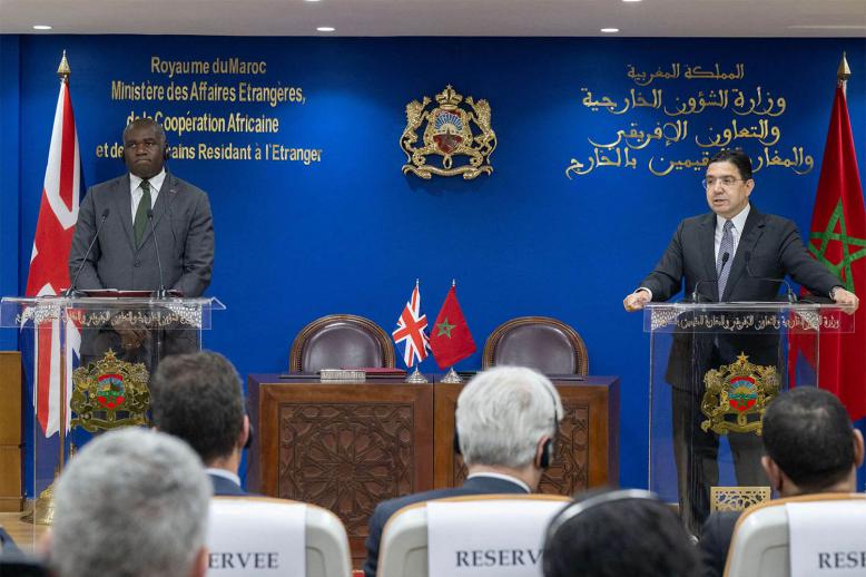 British Foreign Secretary David Lammy (L) and his Moroccan counterpart Nasser Bourita attend a press conference in Rabat 