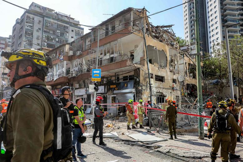 A heavily-damaged building at the site of an Iranian missile attack in Ramat Gan in central Israel near Tel Aviv