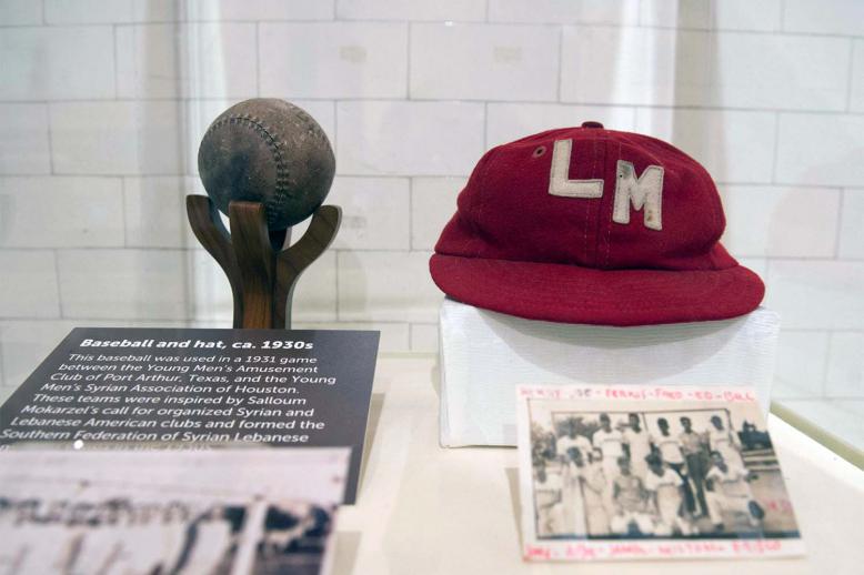 Syrian and Lebanese baseball items on display at the exhibition, Little Syria, NY, An Immigrant Communitys Life & Legacy at the Ellis Island National Museum of Immigration in New York in 2016