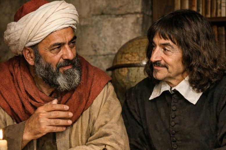 صورة متخلية بالذكاء الاصطناعي للامام أبوحامد الغَزَالي مع ديكارت