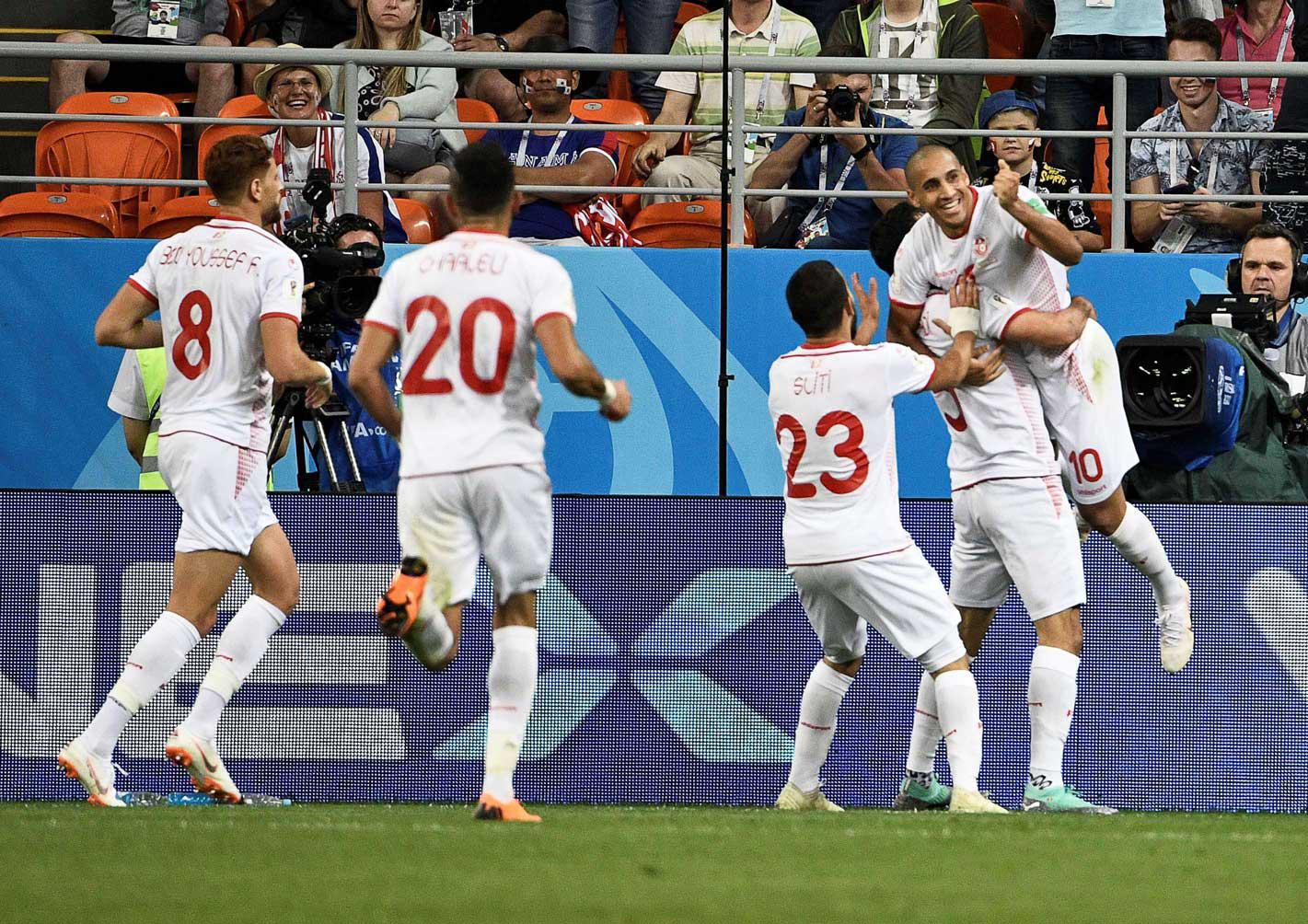 منتخب تونس يحتفل بفوزه الاول والاخير في مونديال روسيا