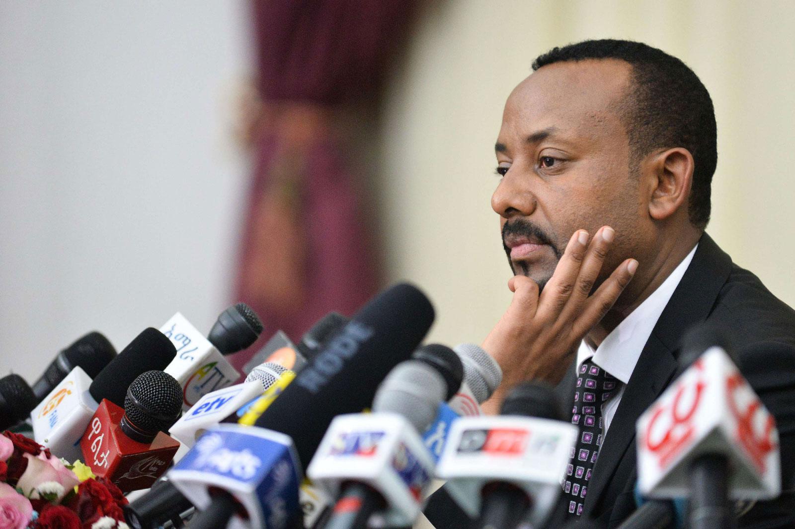 Ethiopia's Prime minister Abiy Ahmed speaks during a press conference at his office in Addis Ababa.