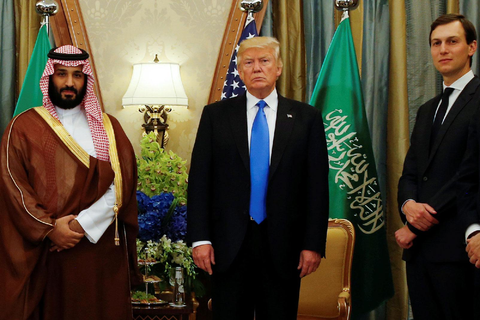 US President Donald Trump, flanked by White House senior advisor Jared Kushner, meets with Saudi Arabia's Deputy Crown Prince Mohammed bin Salman at the Ritz Carlton Hotel in Riyadh.