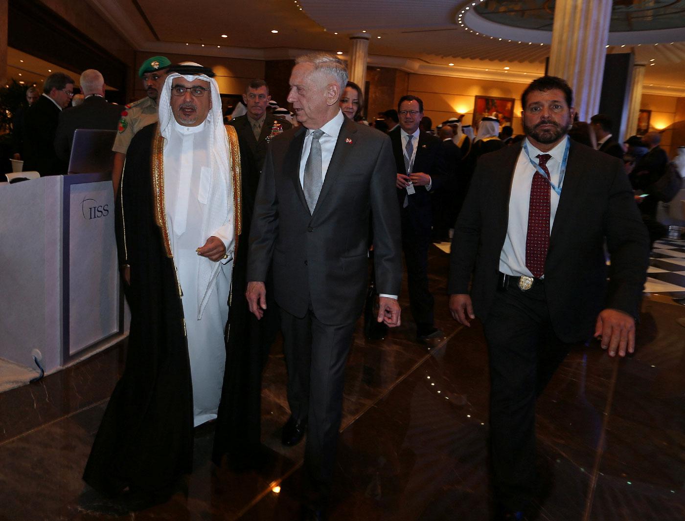 Bahrain's Crown Prince Salman bin Hamad al-Khalifa walks with the US Defense Secretary James Mattis at the inauguration of the 14th regional security summit "The Manama Dialogue" in Manama, Bahrain October 26, 2018.
