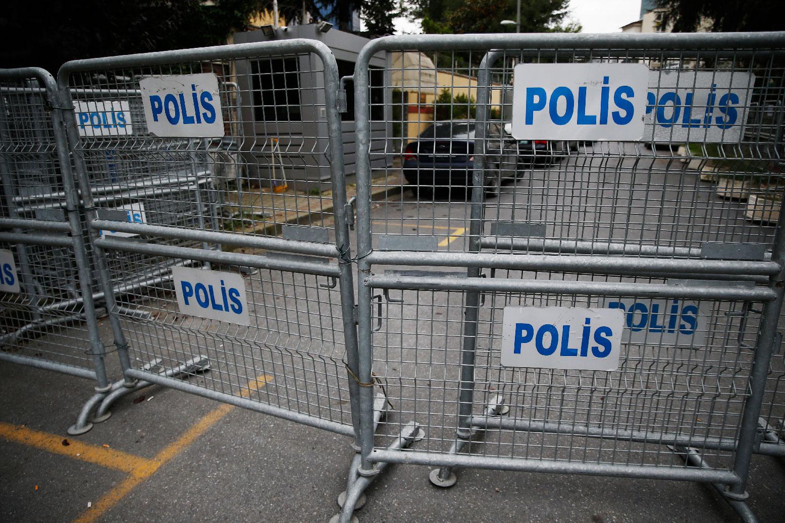 Barriers block the road leading to Saudi Arabia's consulate in Istanbul.