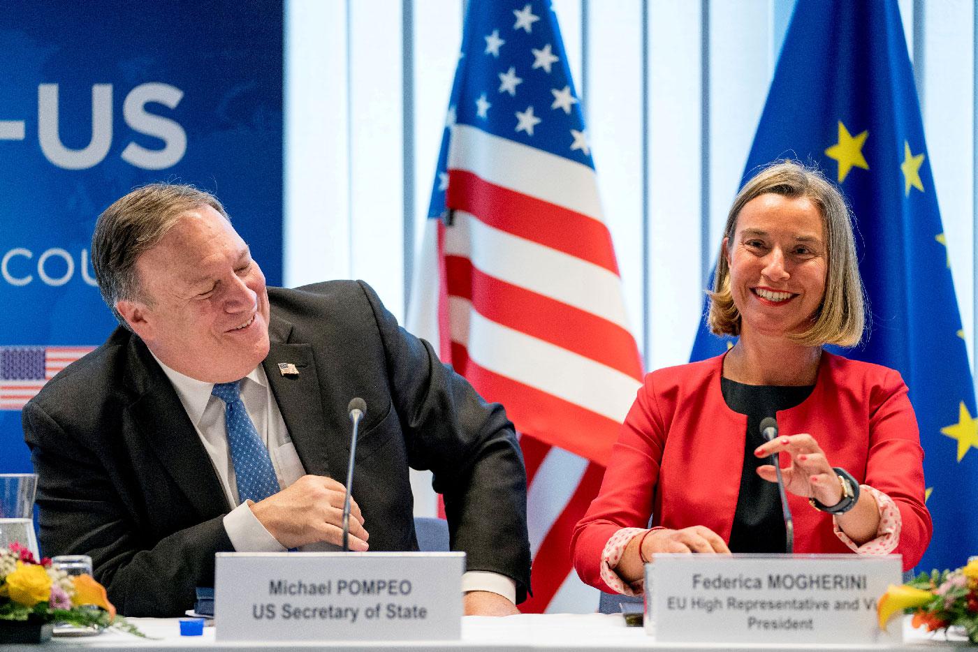 US Secretary of State Mike Pompeo, left, and EU foreign policy chief Federica Mogherini.