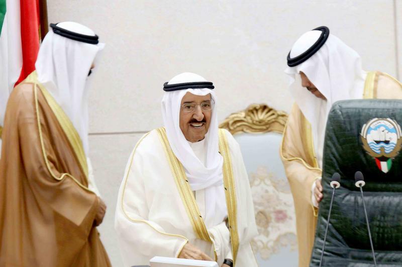 Kuwaiti Emir Sheikh Sabah Ahmad al-Jaber al-Sabah (C) upon his arrival at the opening ceremony of the new legislative year in Kuwait City, on October 30