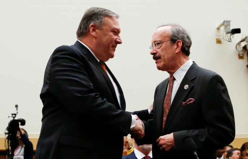 U.S. Secretary of State Mike Pompeo shakes hands with House Foreign Relations Committee Democratic Ranking member Rep. Eliot Engel