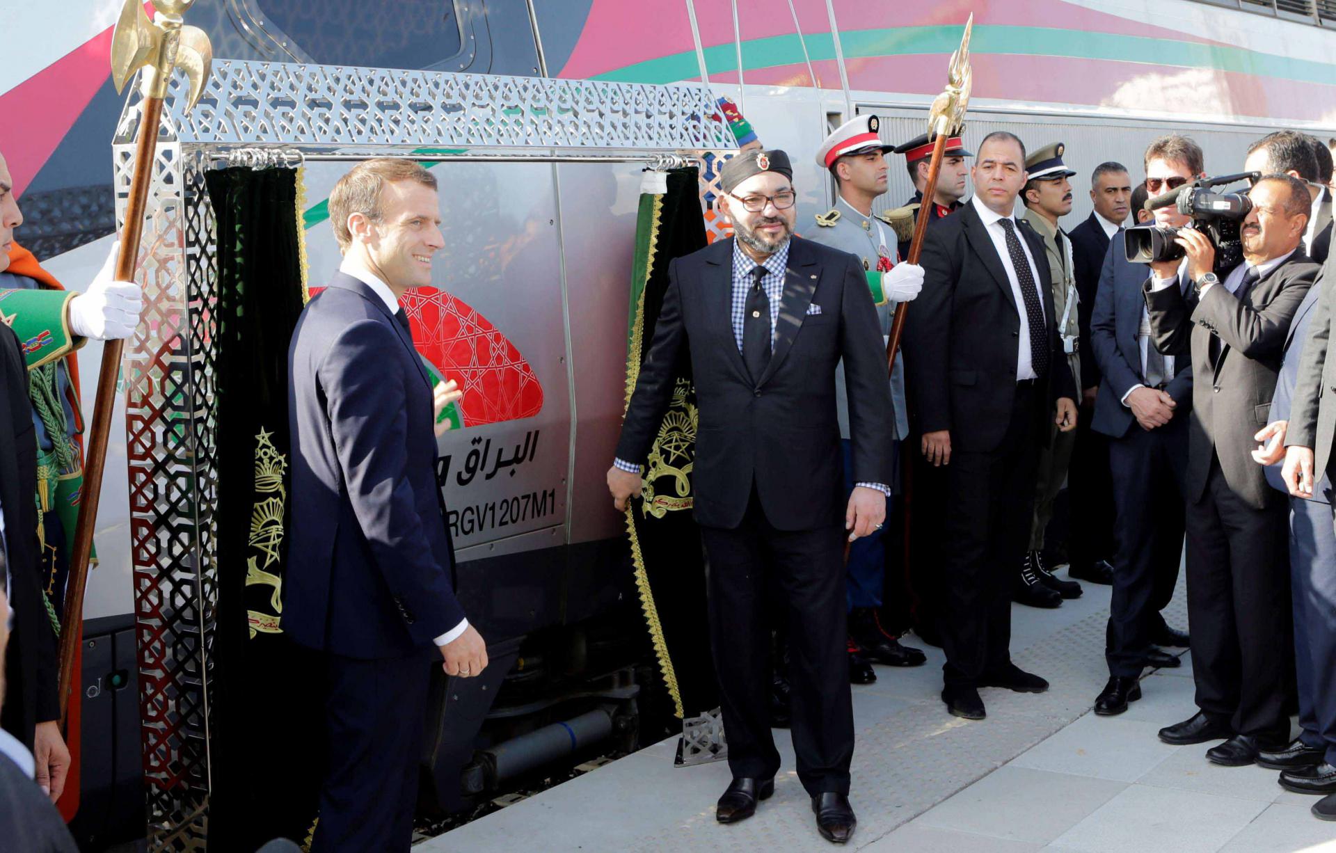 French President Emmanuel Macron (L) and Moroccan King Mohammed VI attend the launch ceremony of Africa’s first high-speed train (LGV) in Tangier, on November 15.