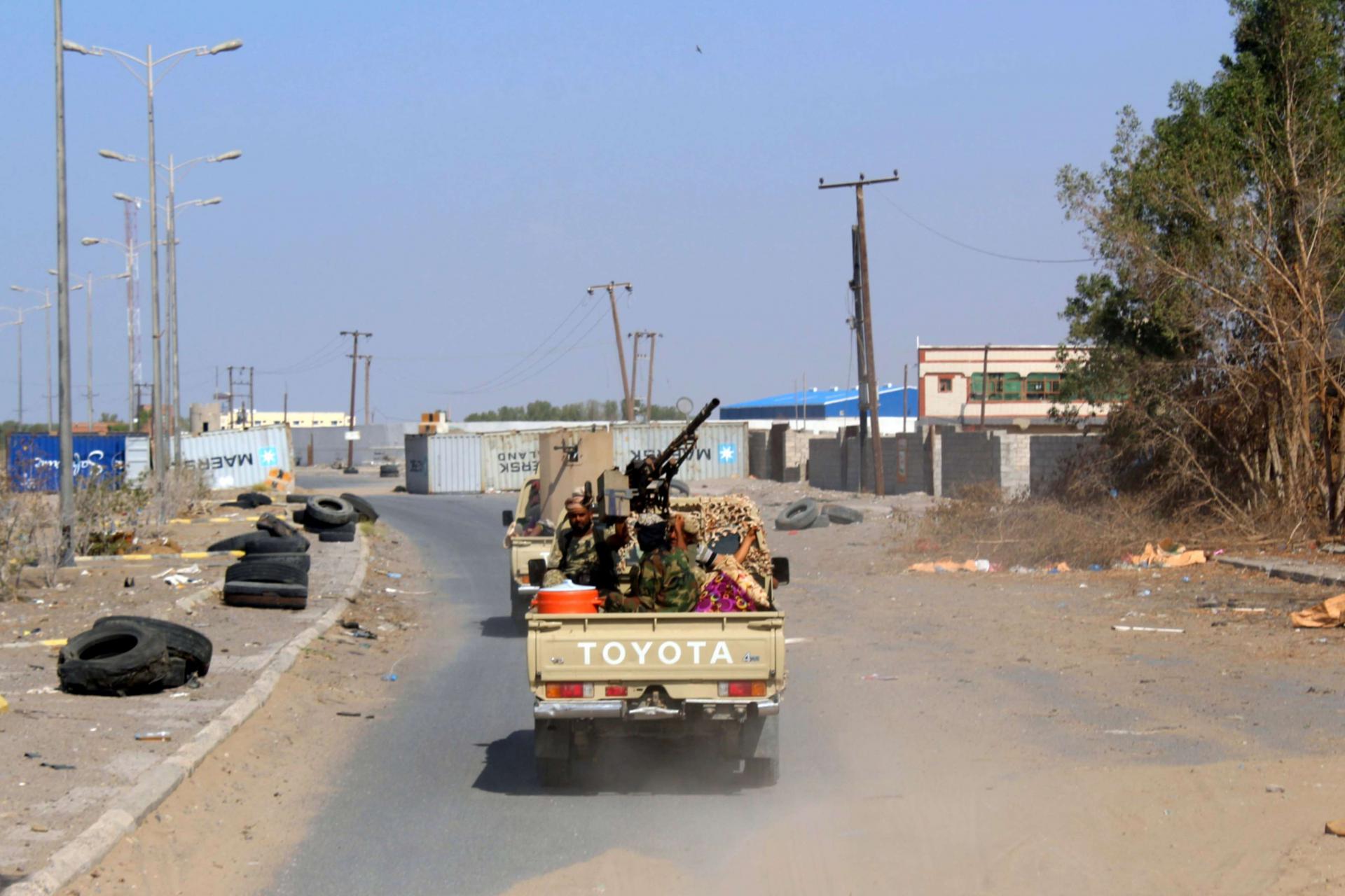 Yemeni pro-government forces are pictured on the eastern outskirts of Hodeidah.