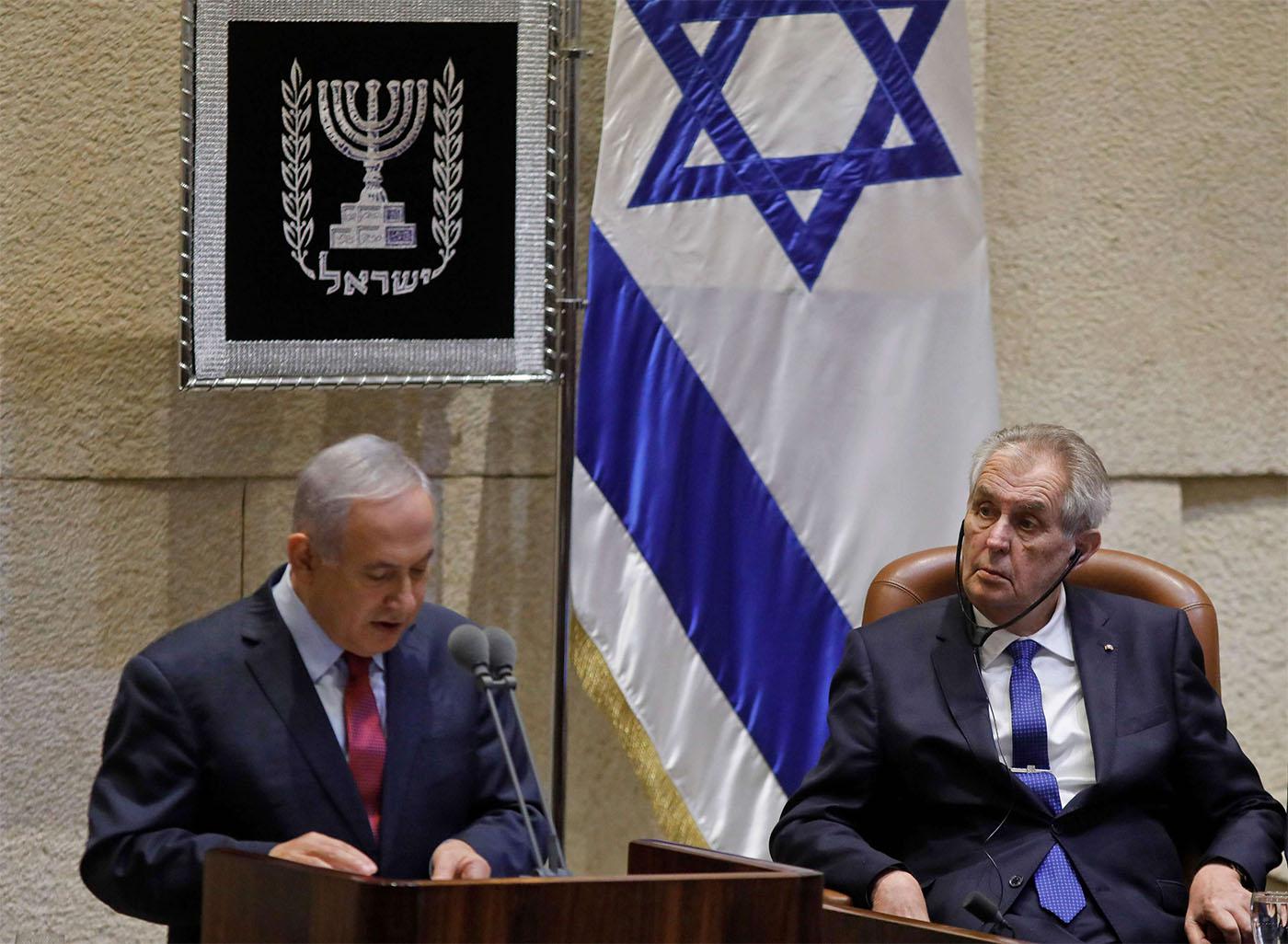 Czech President Milos Zeman listens to Israeli PM Benjamin Netanyahu during a session at the Knesset 