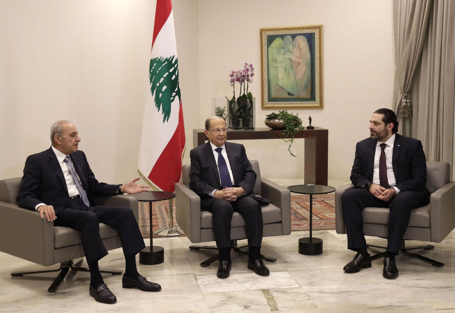 Lebanese President Michel Aoun (C), Prime Minister Saad Hariri (R), and House Speaker Nabih Berri meet at the presidential palace in Baabda, east of the capital Beirut, on January 31, 2019.