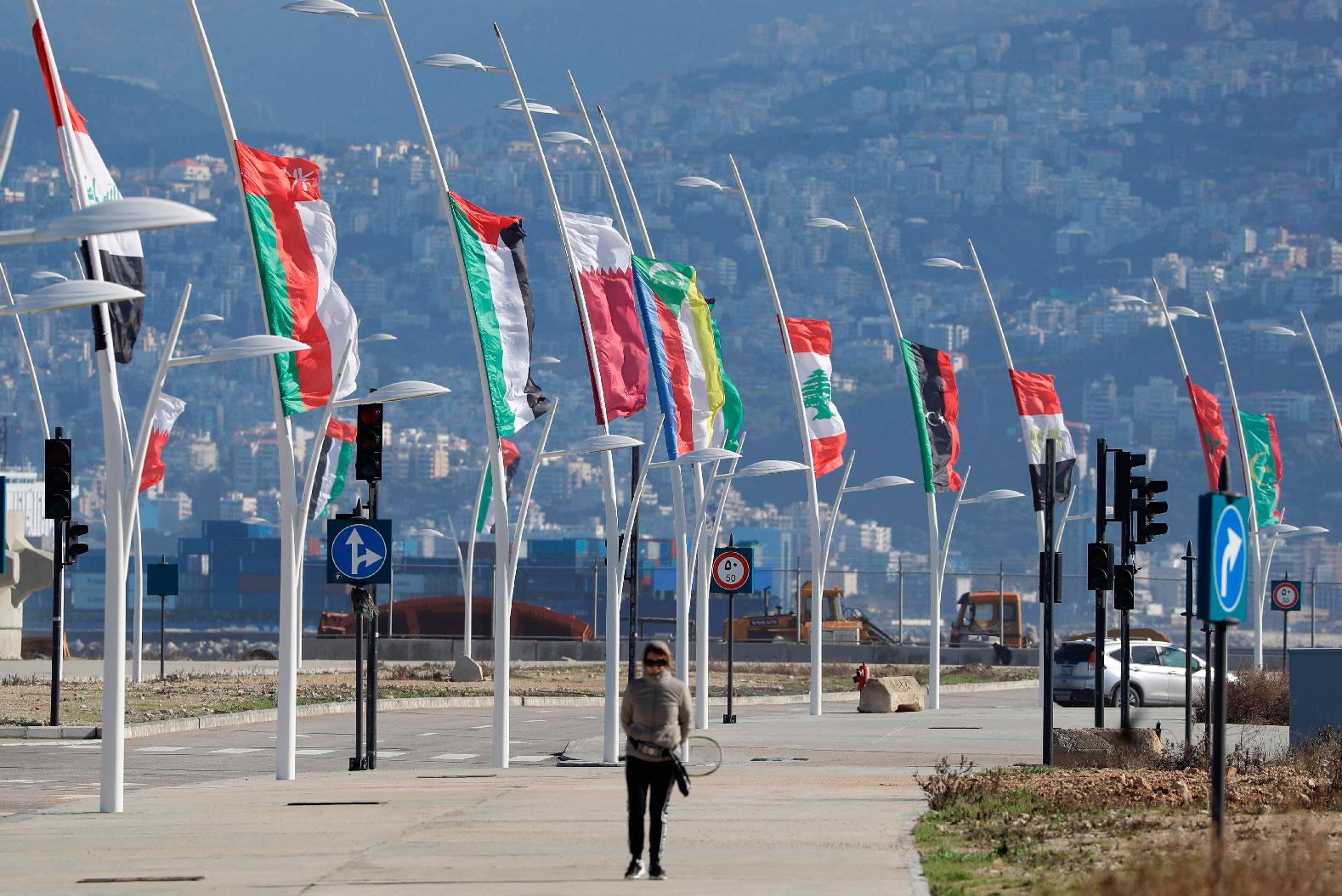 Flags of the Arab league states are seen on display ahead of the Arab Economic and Social Development Summit in Beirut on January 17, 2019.