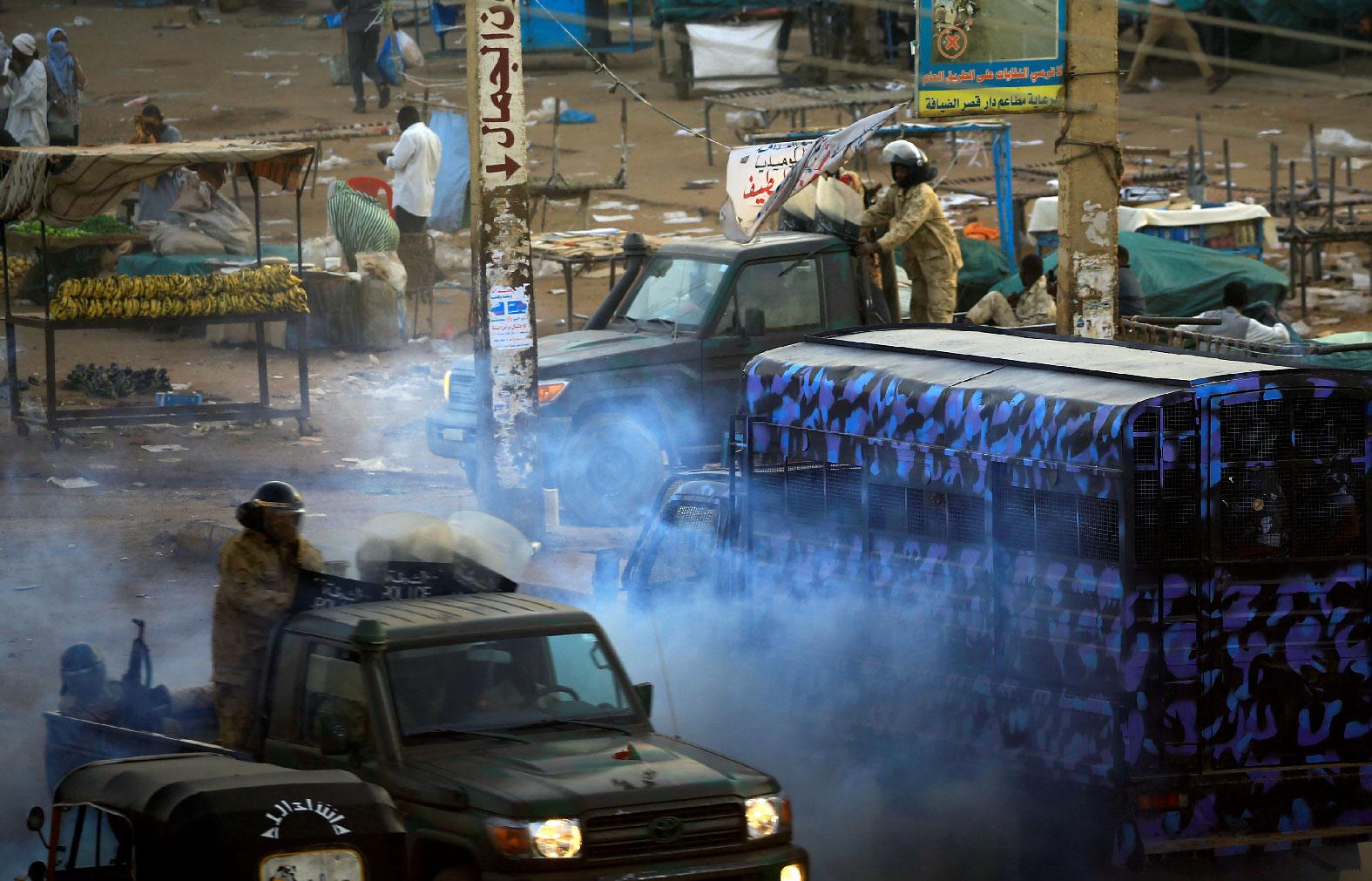 A tear gas canister is fired to disperse Sudanese demonstrators during anti-government protests in the outskirts of Khartoum, Sudan January 15, 2019..