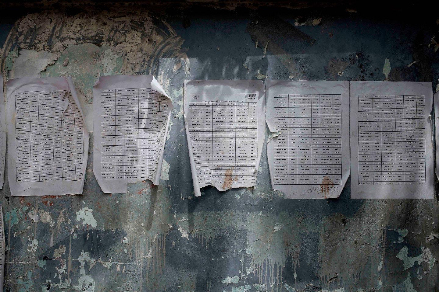 A worn-out list of registered names for aid by Relief International, part of the World Food Program, is posted in Aden, Yemen on July 23, 2018.
