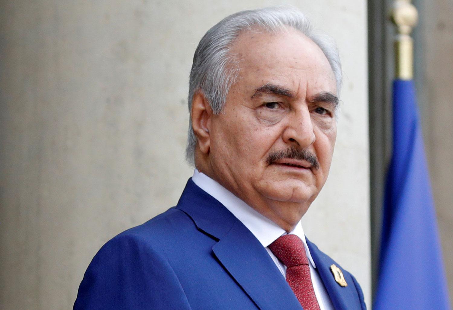 Khalifa Haftar, the military commander who dominates eastern Libya, arrives to attend an international conference on Libya at the Elysee Palace in Paris, France, May 29, 2018.