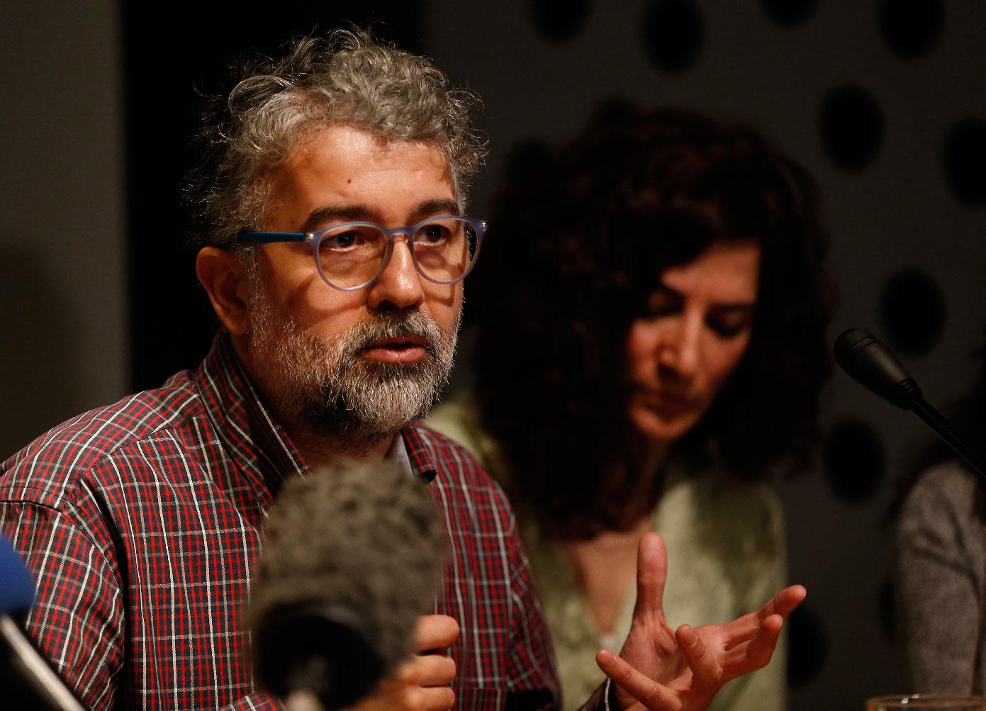 Erol Onderoglu, a Turkish-French journalist, and a representative of Reporters Without Borders (RSF) organisation, talks during a joint press conference of members of Turkish and international human rights organisations, to condemn attacks on civil society groups in Turkey, in Istanbul, Wednesday, Feb. 27, 2019. 
