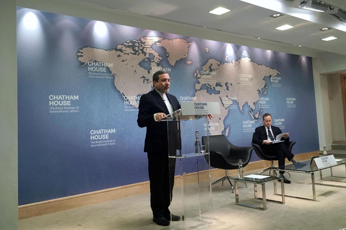 Irann`s Deputy Foreign Minister Abbas Araqchi speaking at the Chatham House think tank in London, Britain February 22, 2018. 