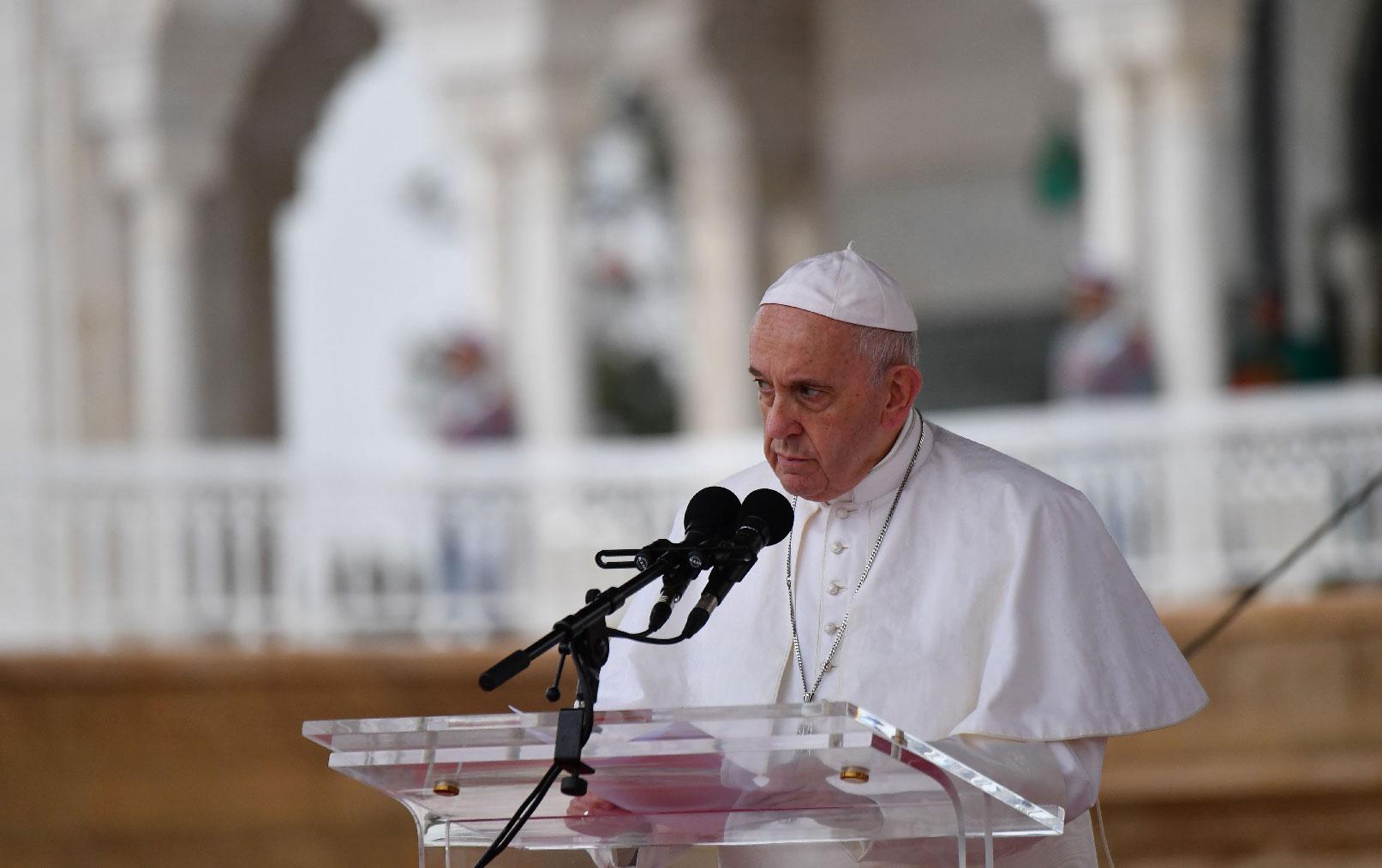 Pope Francis delivers a speech in the Moroccan capital Rabat on March 30, 2019 during the pontiff's visit which will see him meet Muslim leaders and migrants ahead of a mass with the minority Catholic community.