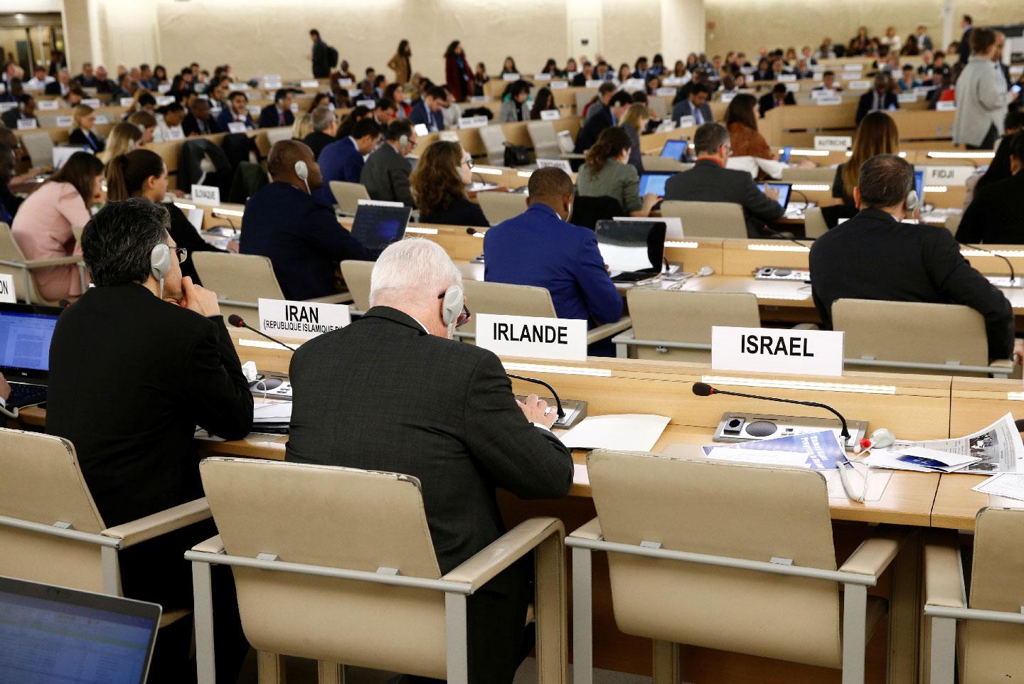 The empty seat of Israel is pictured during the report of the Commission of Inquiry on the 2018 protests in the occupied Palestinian territory during a session of the Human Rights Council at the United Nations in Geneva, Switzerland, March 18, 2019.