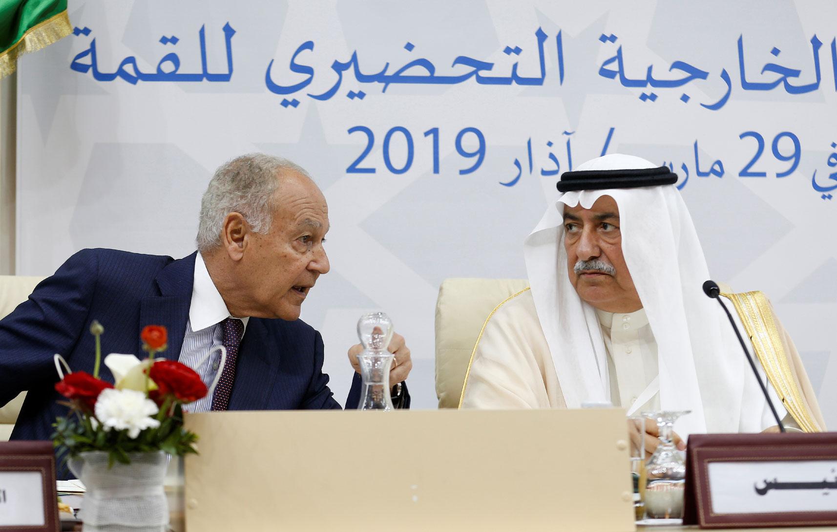 Arab League Secretary-General Ahmed Abul Gheit speaks to Saudi Arabia's Foreign Minister Ibrahim al-Assaf during a preparatory meeting with Arab foreign ministers ahead of the Arab summit in Tunis, Tunisia March 29, 2019.