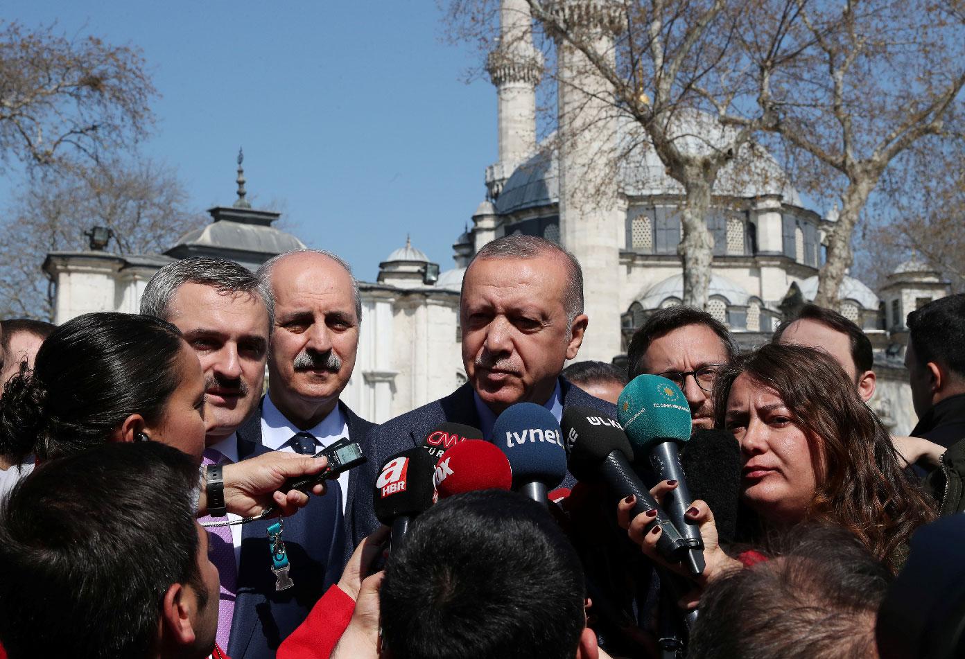 Turkish President Tayyip Erdogan talks to media in Istanbul, Turkey April 5, 2019.