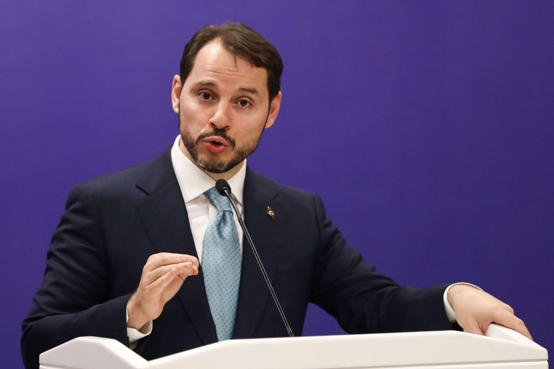 Turkey's minister of Treasury and Finance Berat Albayrak gestures as he speaks during a joint press conference with Turkey's Foreign Minister, Justice Minister and Interior Minister after attending the meeting of 5th Reform Action Group in Ankara, on December 11, 2018.