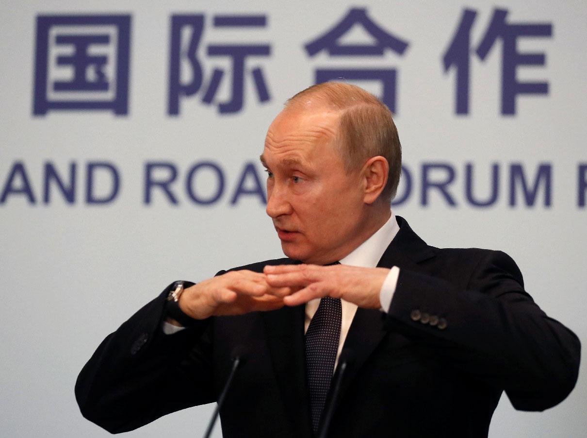 Russian President Vladimir Putin speaks during a news conference at the Second Belt and Road Forum for International Cooperation (BRF) in Beijing