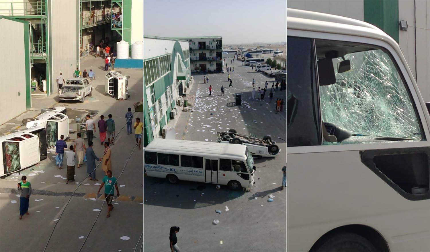 عمال يقلبون السيارات ويحطمون زجاجها في مجمع للعمال في الدوحة