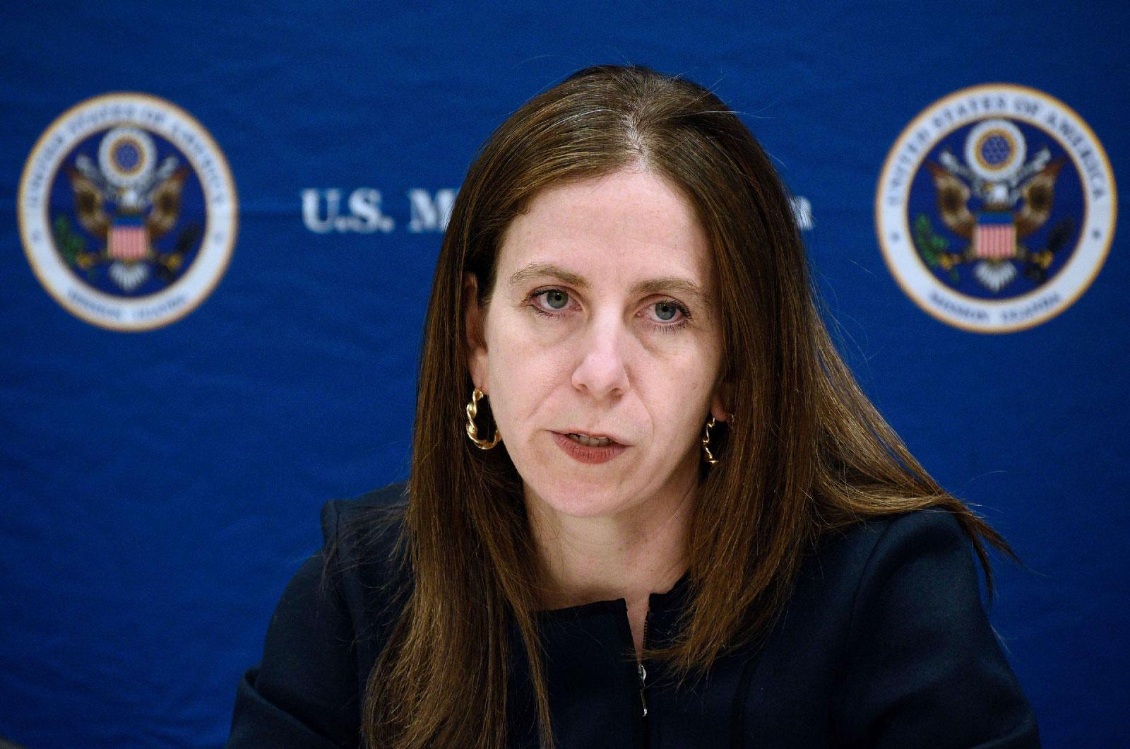 Photo taken on June 11, 2018, shows Sigal Mandelker, US Treasury Under Secretary for Terrorism and Financial Intelligence, addressing a press conference at the US Embassy in Kampala. (AFP)