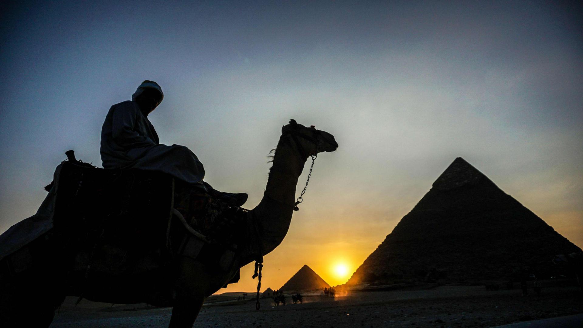 رجل يركب جملا بالقرب من الاهرامات في مصر
